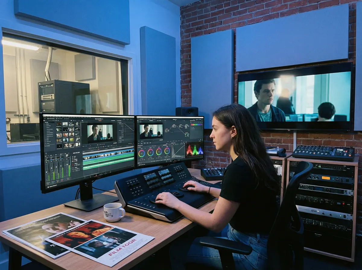 年轻剪辑师在后期工作室工作的 每日大赛 故事